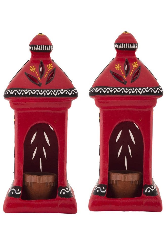 Shabana Art Potteries مصباح كوخ طيني مصنوع يدويًا من ديكور القرية / مصباح شمعة صغيرة / مصباح زيتي للطقوس الدينية (أحمر (عبوة من قطعتين)) - Image 1